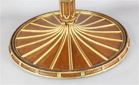 A.W.N. Pugin for Morel & Seddon. An important Gothic revival oak, pollard oak, parcel gilt marquetry centre table, Diam. 4ft 2in. H.2ft